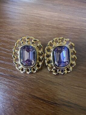 Gold-Tone Clip Earrings with Purple Gemstones